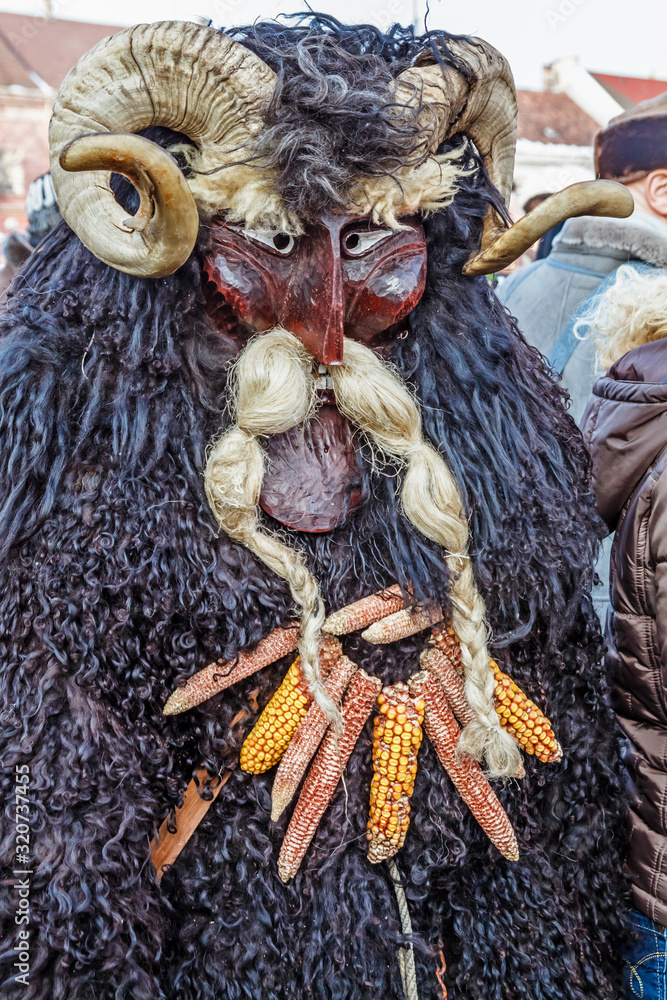 Unidentified people in masks; participants at the Mohacsi Busojaras, it is a carnival for spring greetings (Intangible Cultural Heritage of Humanity of the UNESCO).