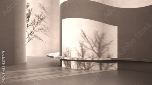 Abstract gray empty concrete interior, grunge background with round and curved structures, light and tree shadows, bench