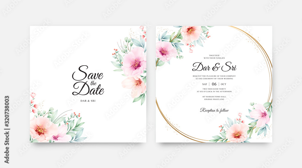 Romantic wedding invitation card with beautiful floral watercolor