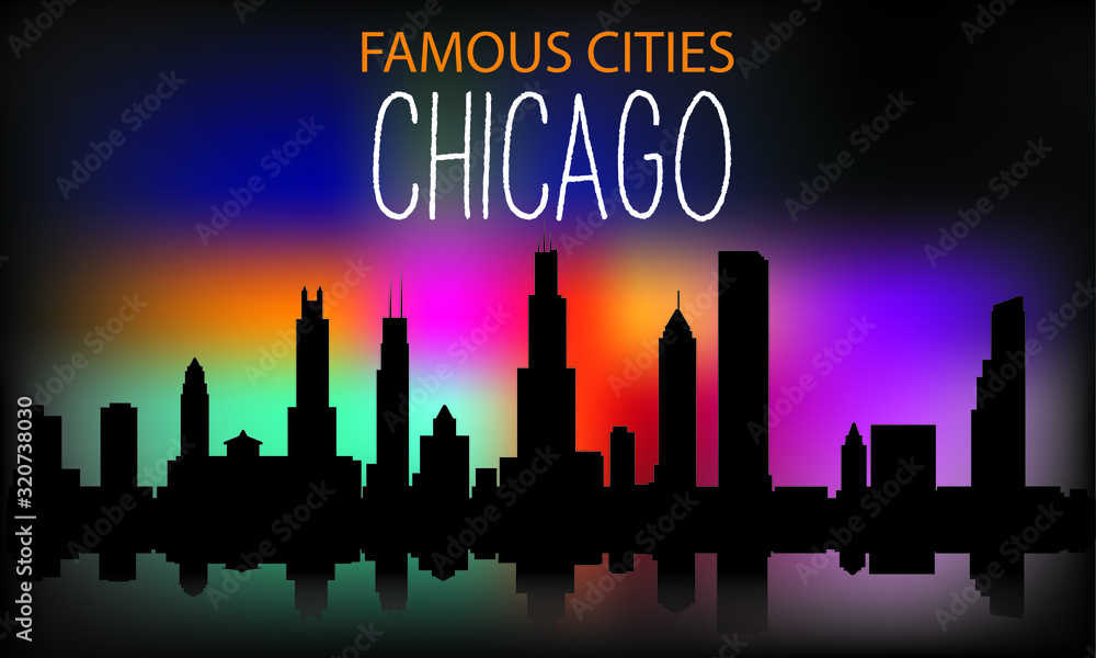 Vector silhouette of the night city on a background of multi-colored sky. Chicago . Vector illustration