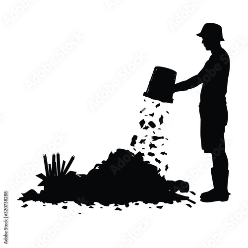 Man with trash bag silhouette vector