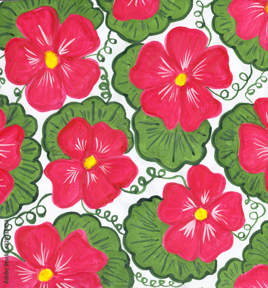 Hand drawn contrast botanical background with bright pink mallow flowers and green leaves on white. Floral, summer style, beautiful. Perfect for wrapping design. Hand drawn contrast botanical background with bright pink mallow flowers and green leaves on white. Floral, summer style, beautiful. Perfect for wrapping design.