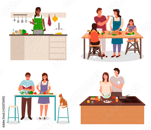 Smiling people with children in apron standing near table or stove and cooking in kitchen. Man and woman cutting vegetables for vegetarian food. Family boiling dish and making salad together vector