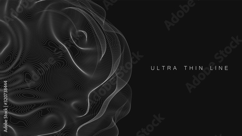 Ultra thin line fluid geometry. Dynamic vector distorted spheres. Digital fractal 3d swirl. Futuristic sound or data waveform. Chaotic particle wave motion trails.