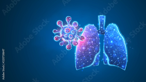 Human Lungs with Virus-cell. Epidemic strain, pneumonia or respiratory pathogen concept. Abstract polygonal image on blue neon background. Low poly, wireframe, digital 3d vector illustration