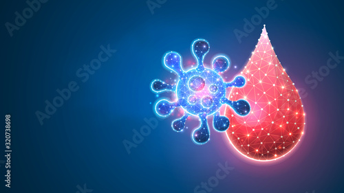 Human Blood laboratory testing. Blood drop and virus cell concept. Microbiology, immunology. Abstract polygonal image on blue neon background. Low poly, wireframe, digital 3d vector illustration