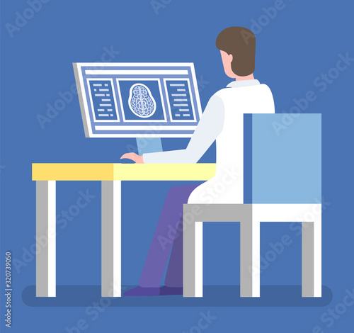 Computed tomography or magnetic resonance imaging vector, doctor with computer and brain scan. Laboratory research of scientist doctor works in clinic
