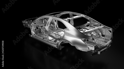 Fotografi Side view of production sedan car stainless steel or aluminium body and chassis frame
