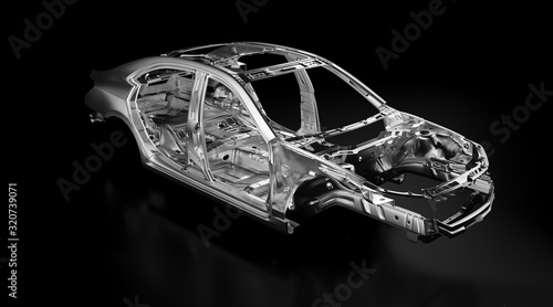 Side view of production sedan car stainless steel or aluminium body and chassis frame. Metallic vehicle framing base isolated against black background with reflections. 3D rendering illustration.