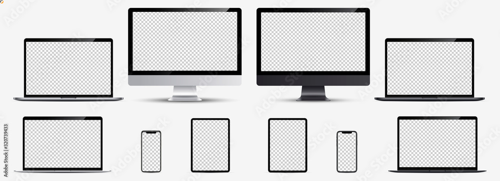 Naklejka Screen mockup. Smartphone, tablet, laptop and monoblock monitor silver and black color with blank screen for you design. Vector illustration Ai 10