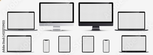 Screen mockup. Smartphone, tablet, laptop and monoblock monitor silver and black color with blank screen for you design. Vector illustration Ai 10