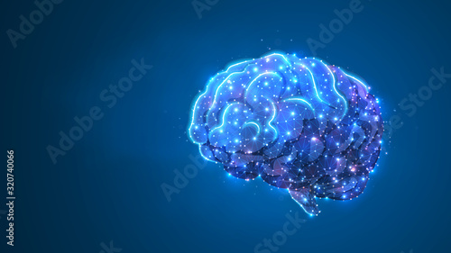 Human Brine. Organ anatomy, neurology, healthy body concept. Polygonal image on blue neon background. Low poly, wireframe digital 3d Raster illustration. Abstract art
