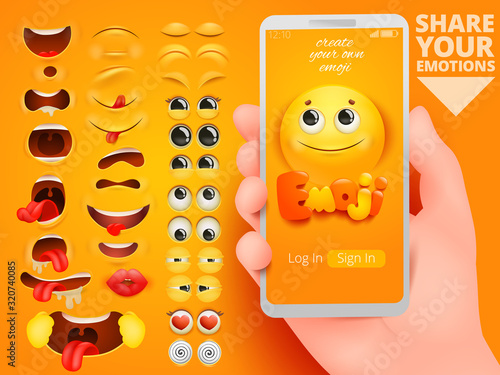 3d diy set on yellow backdrop. Emoji creation kit application for symbol icon design. Emotion smile cartoon. Facial expression. Sticker vector collection.