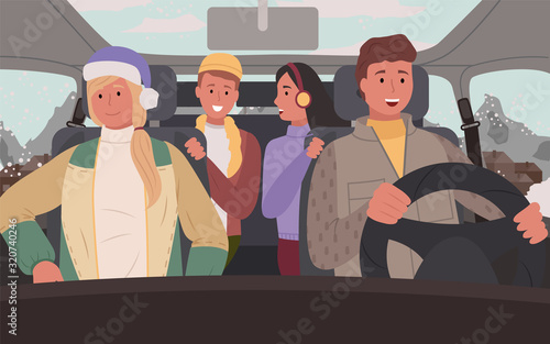 Traveling couples in cars, people on vacation. Man and woman on winter road trip. Group of friends going on resort together. Passengers ready to explore new places and celebrate holidays vector