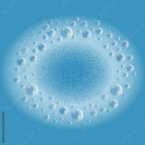 Soap foam with bubbles on blue water background. Vector illustration