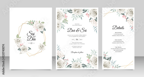 Wedding invitation card set template with flowers and leaves aquarel