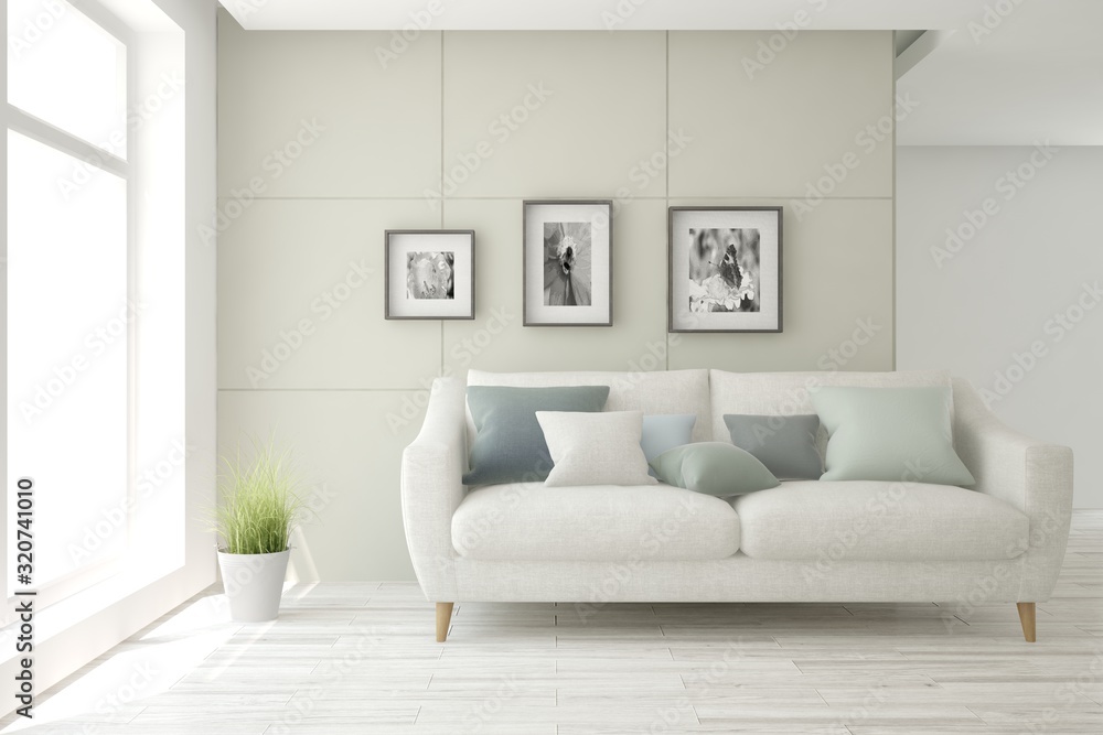 Stylish room in white color with sofa. Scandinavian interior design. 3D illustration Stylish room in white color with sofa. Scandinavian interior design. 3D illustration