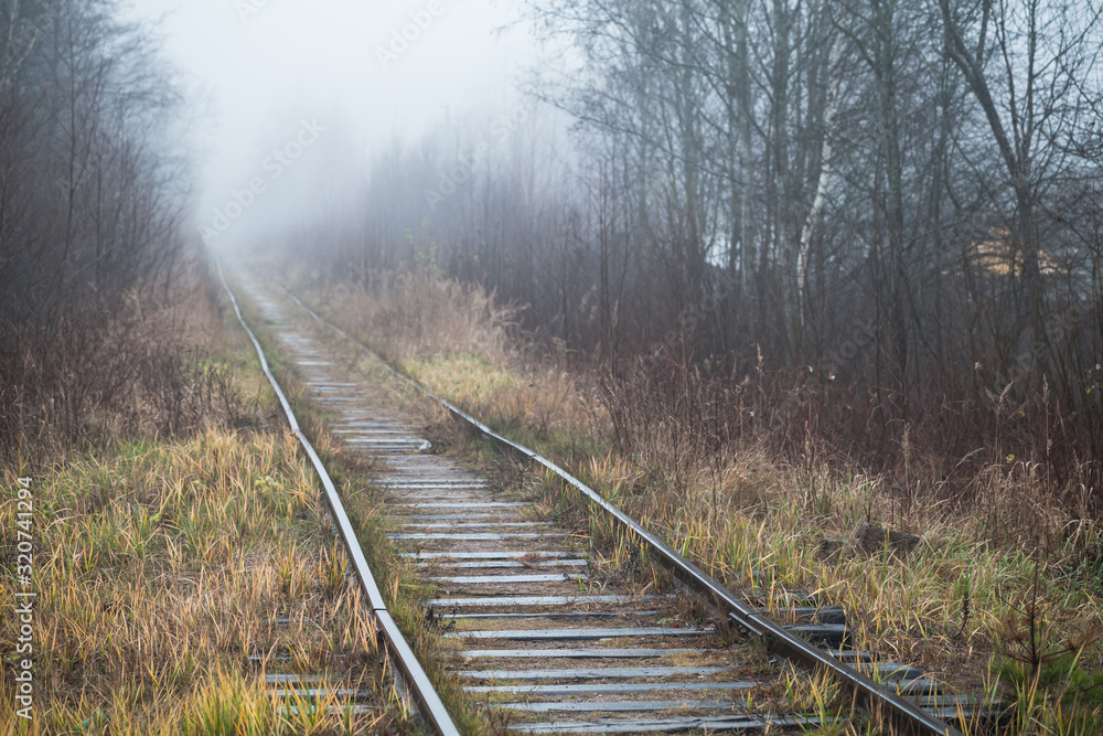 Empty abandoned railway goes through foggy forest