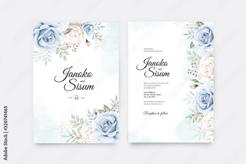 Wedding invitation set with flowers and leaves aquarel