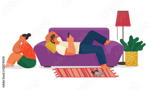 Man in headset holding phone and lying on sofa, sad woman sitting on floor. Crying female near armchair in bedroom. Interior view of room with furniture and houseplant, slippers on carpet vector