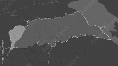 Tartu, county with its capital, zoomed and extruded on the bilevel map of Estonia in the conformal Stereographic projection. Animation 3D photo