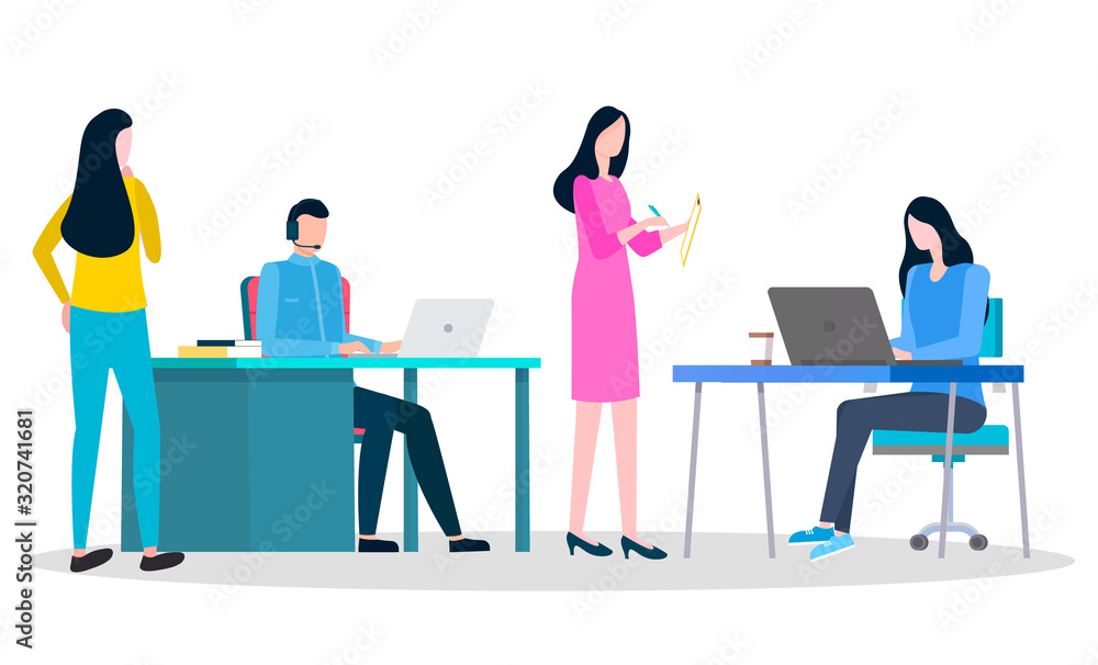 Managers talking with office workers. Man and woman sit on chair by table and work on laptop. Business meeting, appointment. Comfortable workplace, open space. Vector illustration in flat style Managers talking with office workers. Man and woman sit on chair by table and work on laptop. Business meeting, appointment. Comfortable workplace, open space. Vector illustration in flat style