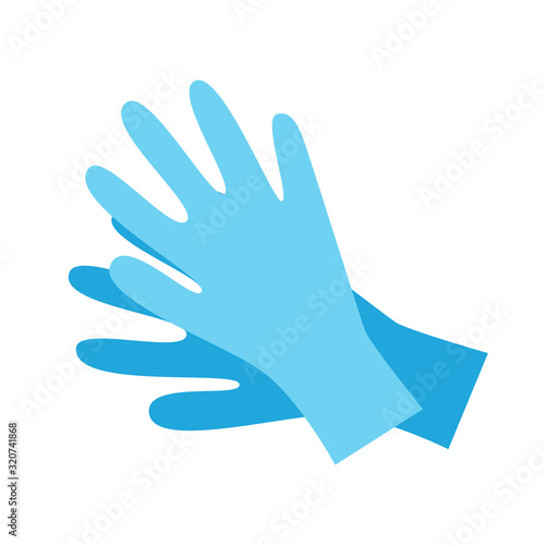 Flat medicine icon of protective medical latex blue gloves isolated on white background. Design element. Vector illustration.