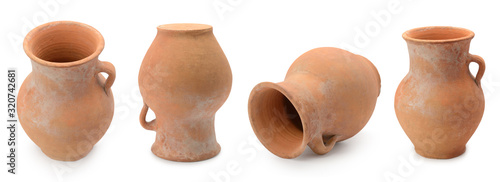 Foto Handmade clay jugs panorama isolated on white
