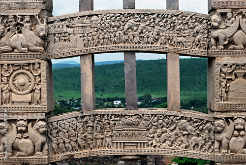 Carved details on Toran Dwar, Sanchi, Madhya Pradesh, India. photo