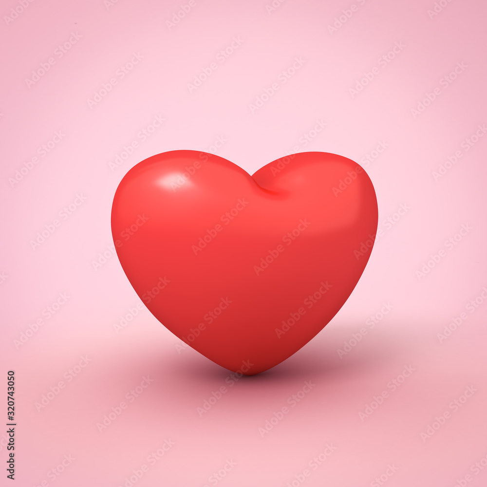 Red heart isolated on pink pastel color background with shadow 3D rendering