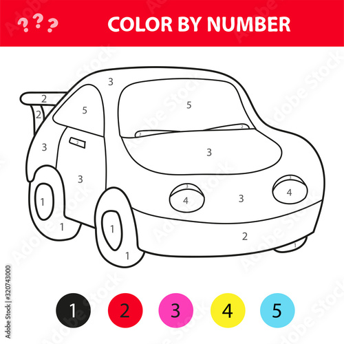 Car in cartoon style, color by number, education paper game for development of children, coloring page, kids preschool activity, printable worksheet