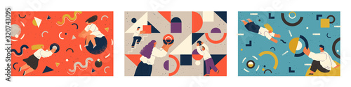 Naklejka People working together concept, man and woman with geometric shapes. Business concept, circles triangles and wavy lines. Employee at job making new project. Communication of co workers vector