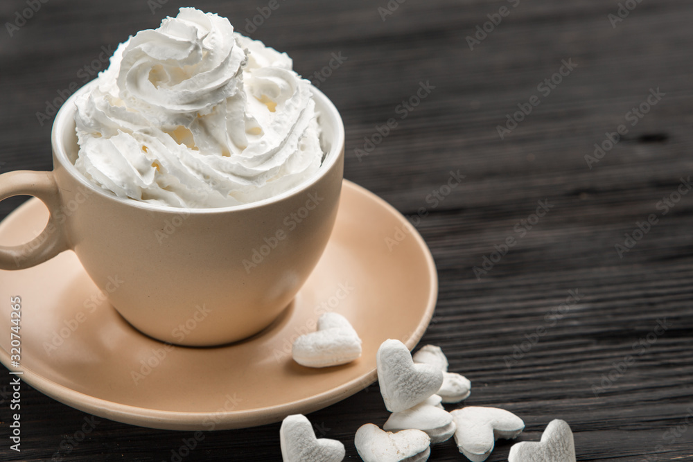 Cup of coffee with decoration -marshmellow, cream, berries Cup of coffee with decoration -marshmellow, cream, berries