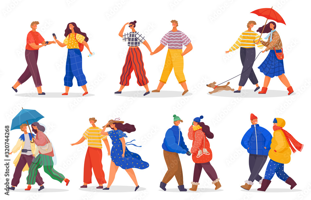 Fototapeta premium Collection of people wearing different clothes. Couple in warm coats. Male and female in light clothing. Couples walking dog and holding umbrella. Autumn, winter outfits. Seasonal clothes. People walk