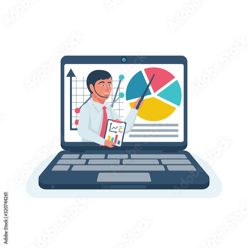 Business training. Webiner concept. Human with charts on laptop. E-learning and listening. Online conference. Distance lectures in internet. Vector design. Online presentation.