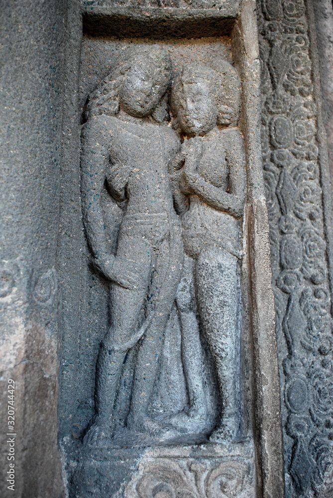 Sculpture at right doorway, Ajanta Caves, Maharashtra, India