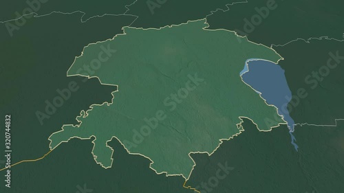 Viljandi, county with its capital, zoomed and extruded on the relief map of Estonia in the conformal Stereographic projection. Animation 3D photo