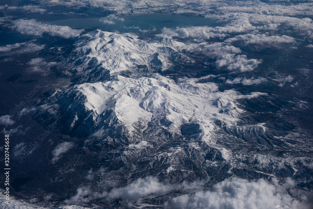 Aerial photo of snow covered Barla Mountain, Mount Barla, Egirdir Lake, Egirdir District, Isparta, Turkey, aerial photography