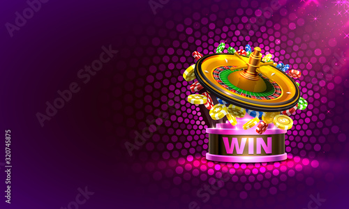 Casino banner roulette big win coins background.