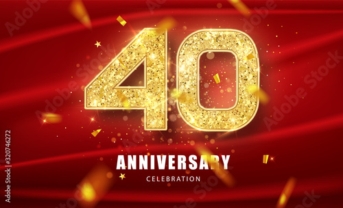 40th Anniversary celebration. Golden glitter numbers with sparkling confetti. Vector festive illustration. Realistic Party event decoration.