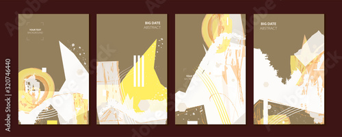 Elegant natural pastel muted set of art greeting cards with tassels and chalks. Futuristic design poster