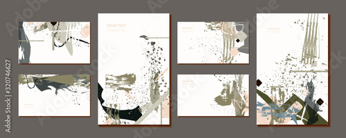 Elegant natural pastel muted set of art greeting cards with tassels and chalks. Futuristic design poster