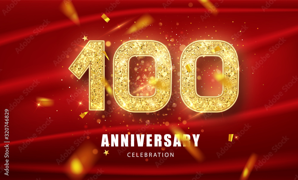 100th Anniversary celebration. Golden glitter numbers with sparkling confetti. Vector festive illustration. Realistic Party event decoration.