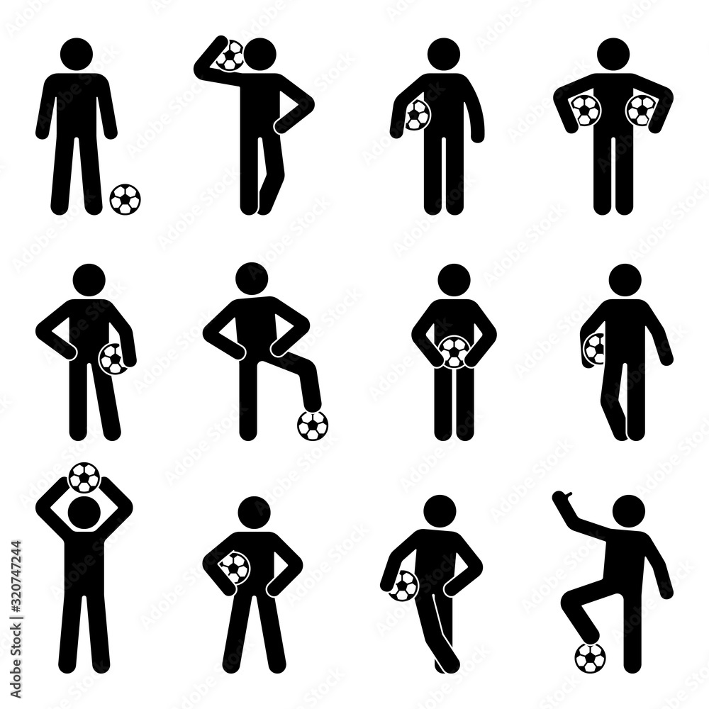 Soccer football player with ball different poses vector illustration. Standing front view black and white icon man pictogram on white Soccer football player with ball different poses vector illustration. Standing front view black and white icon man pictogram on white