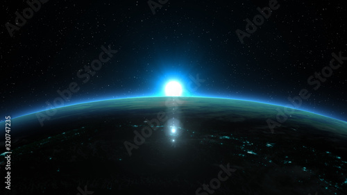 Fototapeta Naklejka Na Ścianę i Meble -  Beautiful view from space of the Sun rising over Planet Earth. Blue version. Elements of this 3D illustration were furnished by NASA.