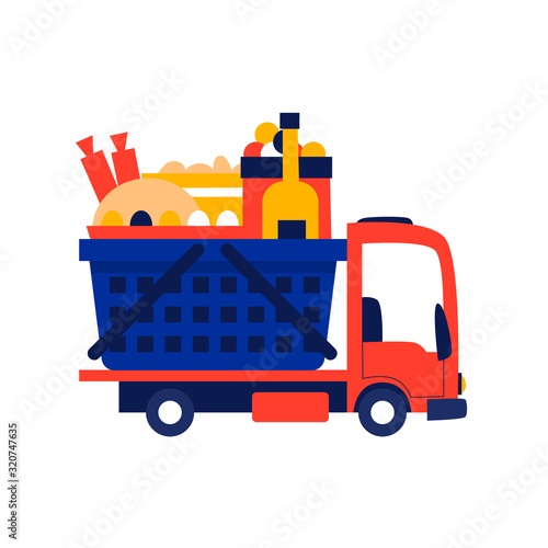 Food delivery. Truck with a basket of products. Flat style vector illustration.