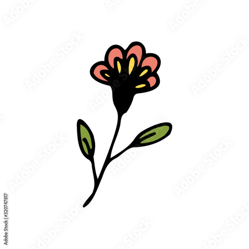 Hand drawn colorful floral element isolated on a white background. Doodle, simple outline illustration. It can be used for decoration of textile, paper and other surfaces.