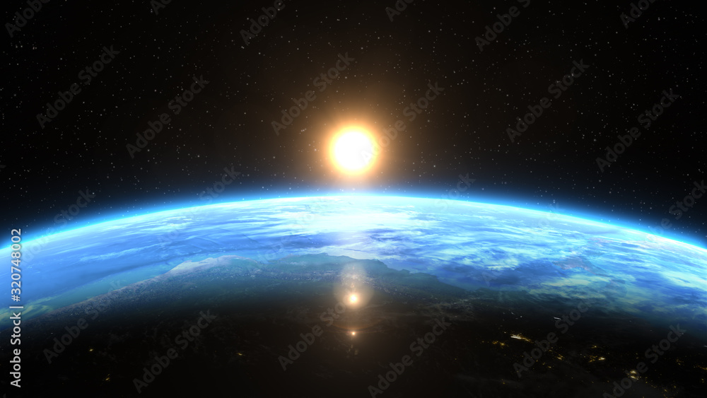 Beautiful view from space of the Sun rising over Planet Earth. Elements of this 3D illustration were furnished by NASA.
