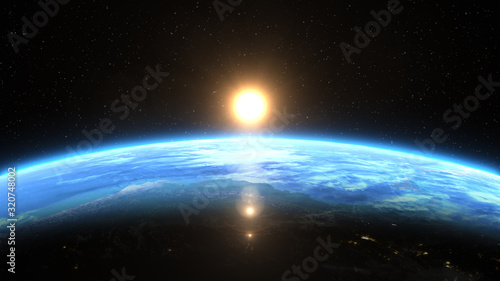 Beautiful view from space of the Sun rising over Planet Earth. Elements of this 3D illustration were furnished by NASA.