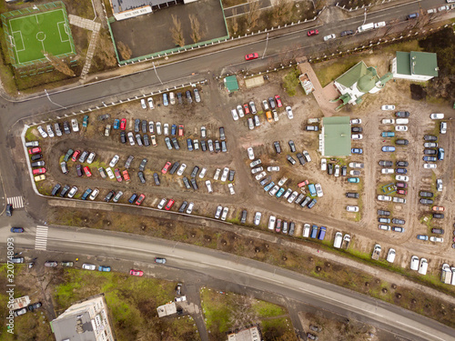 Aerial drone view. Car parking.